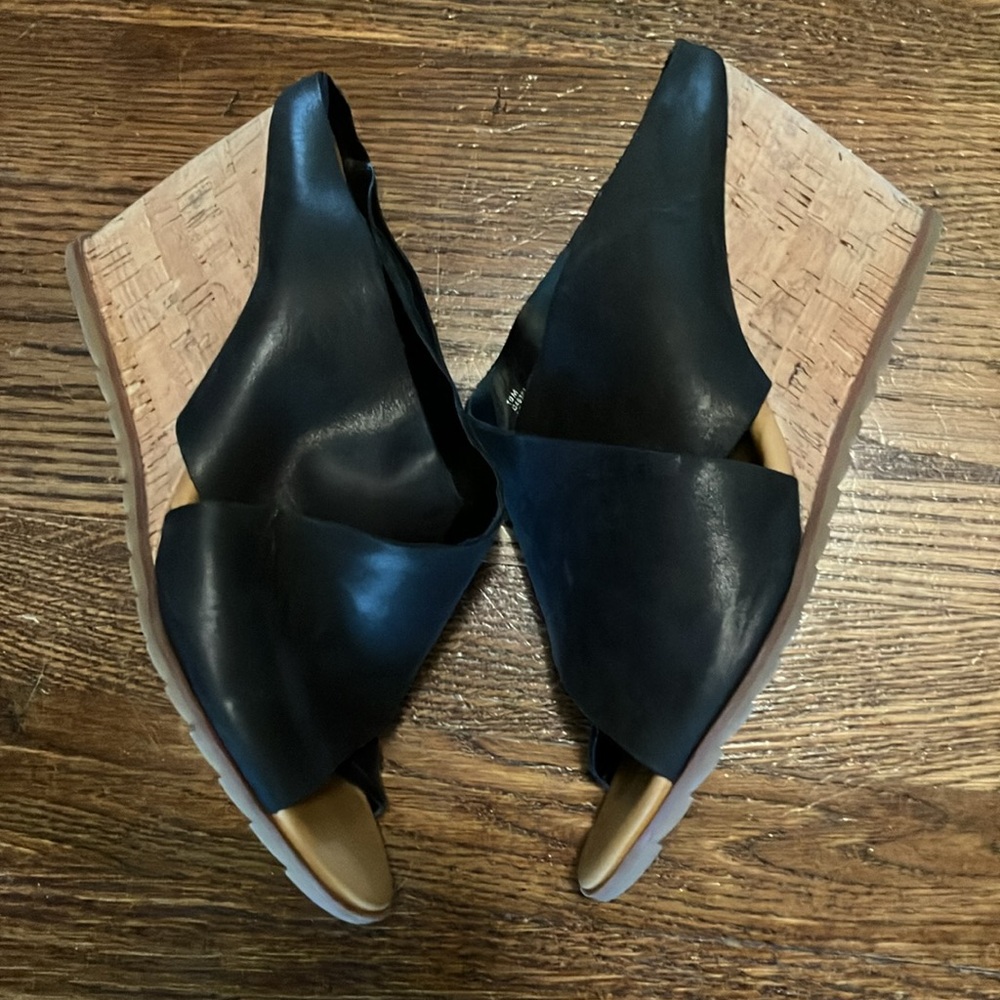 Korks black leather cork wedge sandals